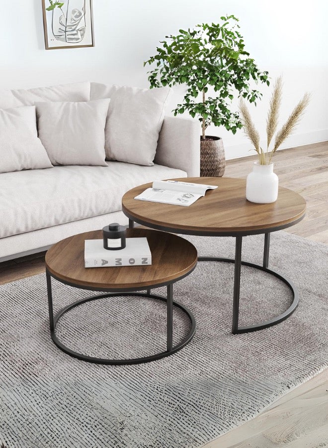 Mobellya Modern Nesting Coffee Table Set with Wooden Tops and Metal Frames - Image 1